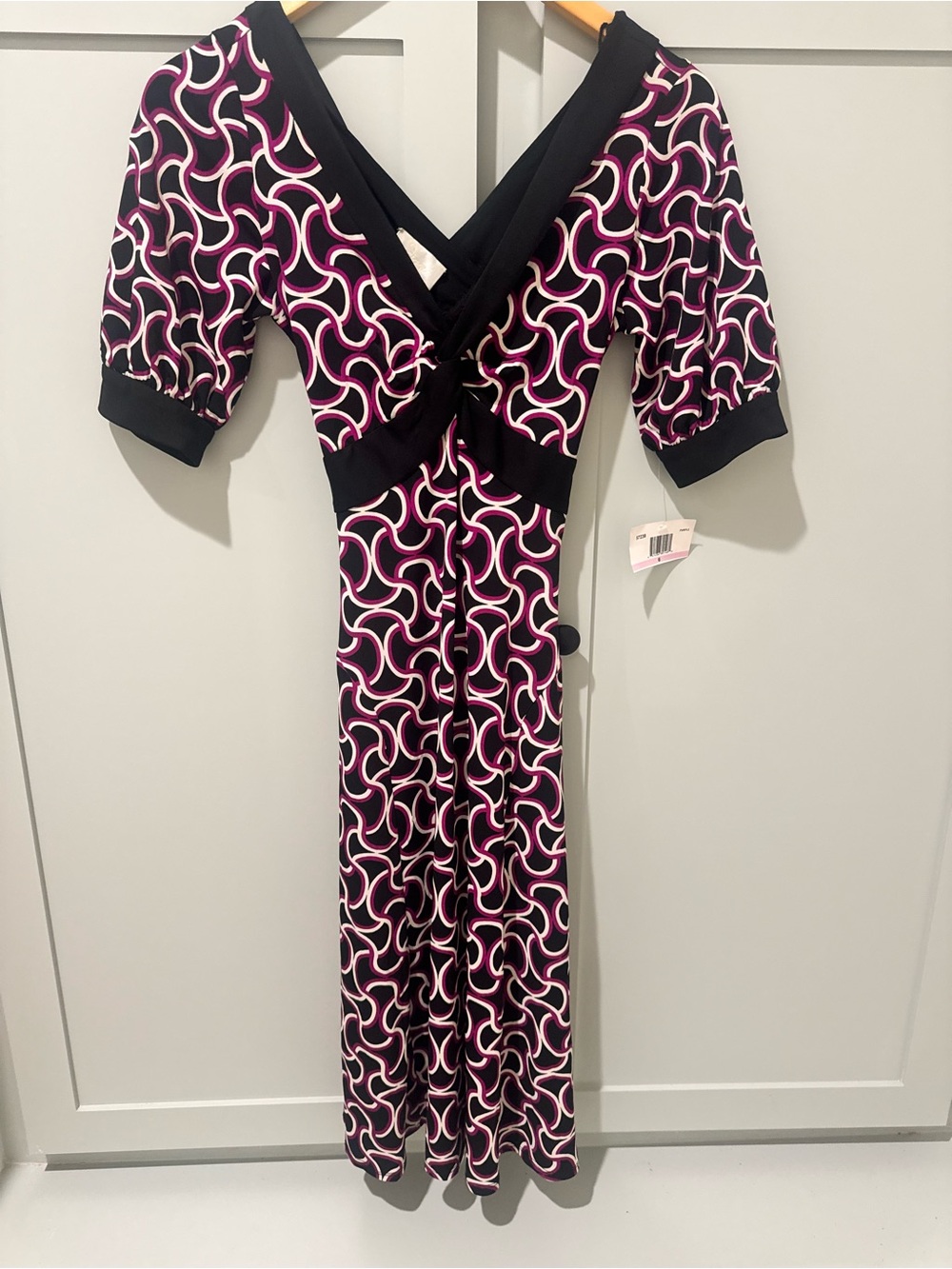 Donna Morgan Black Dress with Pink and White Geometric Print